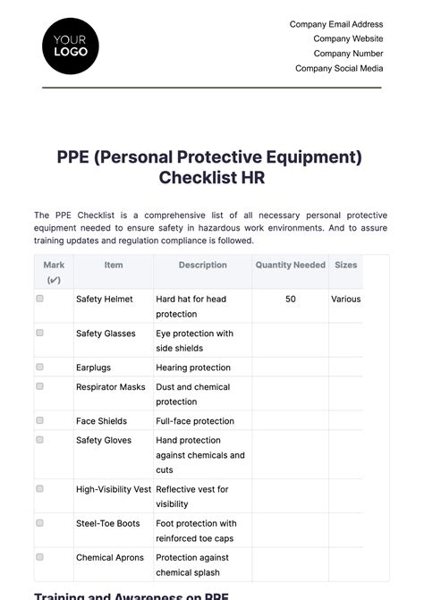 Free Ppe Personal Protective Equipment Checklist Hr Template Edit