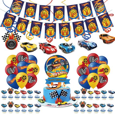Hot Wheels Birthday Theme Banner Cake Topper Supplies Cartoon Car Boy Tableware Set Party Need