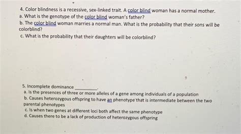 Solved Color Blindness Is A Recessive Sex Linked Trait Chegg
