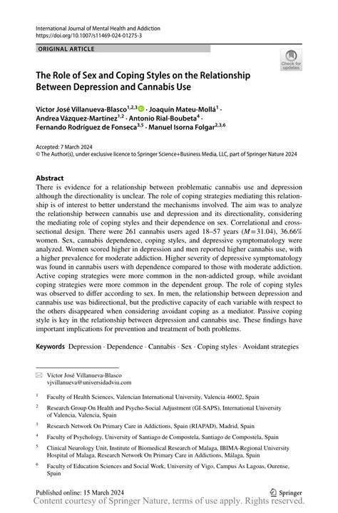 The Role Of Sex And Coping Styles On The Relationship Between Depression And Cannabis Use