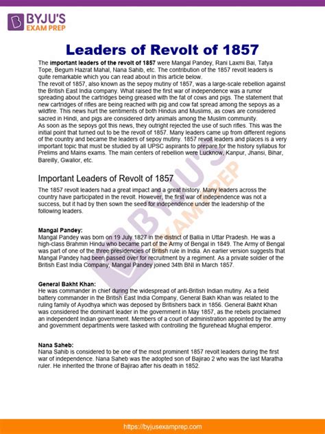 Leaders Of Revolt Of 1857 Upsc Notes 81 Pdf Indian Rebellion Of 1857 Indian Independence