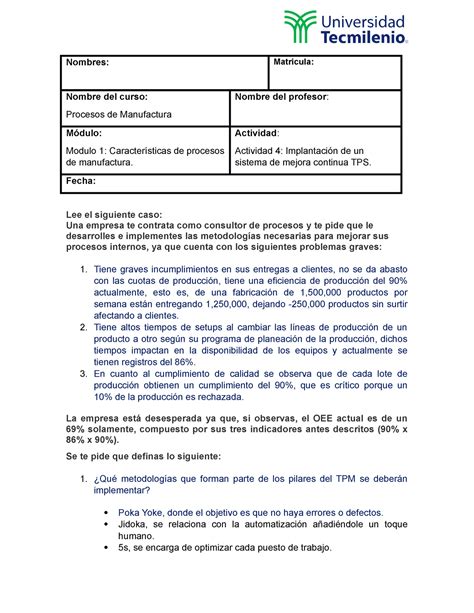 Act Pm Actividad Procesos De Manufactura Nombres Matricula