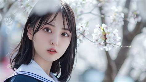 Premium Photo Portrait Of A Japanese Schoolgirl Under Sakura Blossom