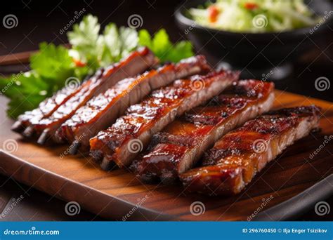 Close Up Of Mouthwatering Roasted Bbq Pork Ribs Featuring Tender And