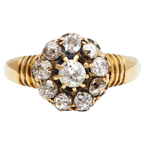 Victorian Old Mine Cut Diamond 18k Yellow Gold Cluster Ring For Sale At