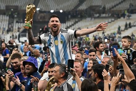 arms fans lionel messi celebrates world editorial stock photo stock