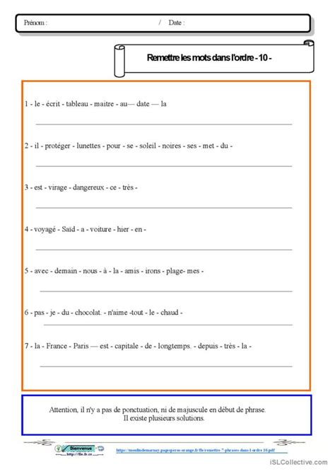 Remettre 7 phrases dans l ordre N Français FLE fiches pedagogiques