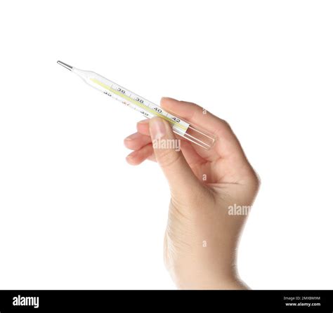 Woman Holding Mercury Thermometer On White Background Closeup Stock