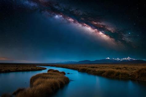 Premium AI Image | A long exposure of a night sky with a long exposure of stars and a mountain ...