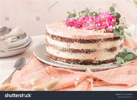 Chocolate Naked Cake Fresh Roses Swiss Stock Photo 2192106649 Shutterstock