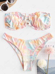 Kasey Rayton X Zaful Tie Dye Ribbed Frilled Bandeau Bikini Swimwear In