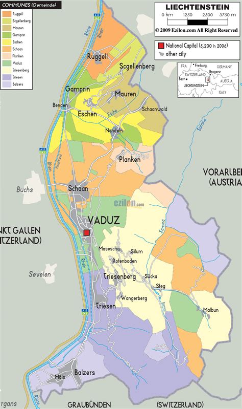 Large political and administrative map of Liechtenstein with roads, cities and villages ...