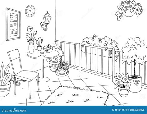 Balcony Garden Graphic Black White Interior Sketch Illustration Vector