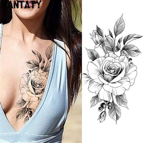 Vantaty Sheets Petal D Black Flower Rose Temporary Tattoos For Women