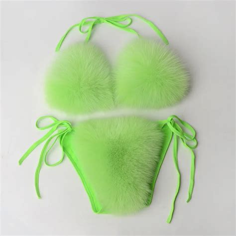 Traje De Ba O Hueco De Piel De Zorro Real Para Mujer Bikini Con Volantes Estilo