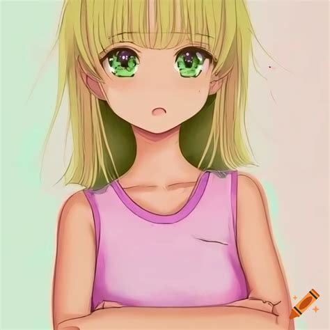 Anime Girl With Blonde Hair And Green Eyes In A Pink Sleeveless T Shirt On Craiyon