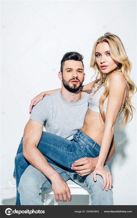 Attractive Blonde Woman Looking Camera Handsome Man White Stock Photo IgorVetushko