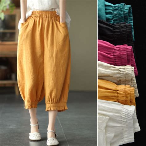 Cotton Linen Pants Women Plus Size Retro Casual Elastic Waist Solid