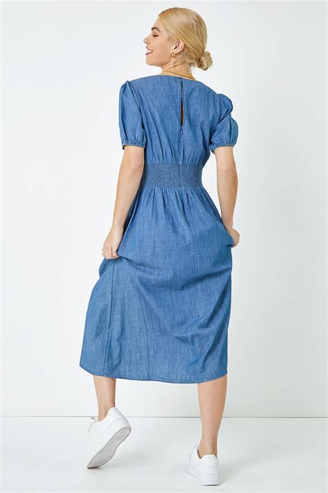 Denim Shirred Waist Pocket Midi Dress Roman UK