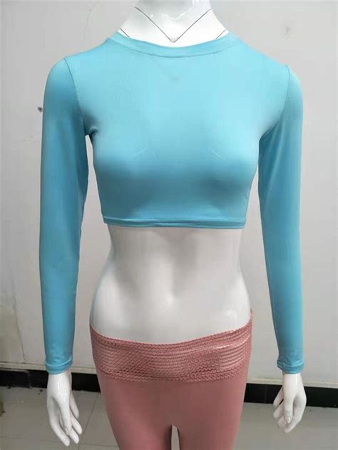 Long Sleeve Bare Midriff Top T Shirts Solid Color Round Neck Crop Top T