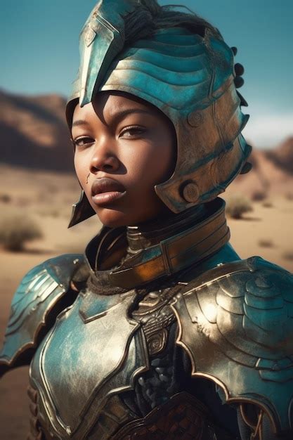 Premium Ai Image A Woman In A Golden Armor Stands In A Desert With