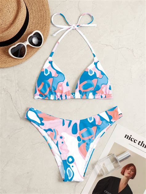 Shein Swim Summer Beach Allover Print Bikini Set Halter Triangle Bra