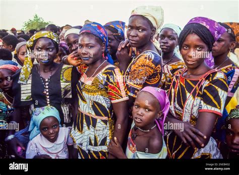 Niger, women of the Haussa tribe with children wearing traditional ...