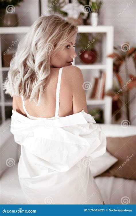 Blonde Bride Portrait In White Shirt And Lingerie Beautiful Fashion