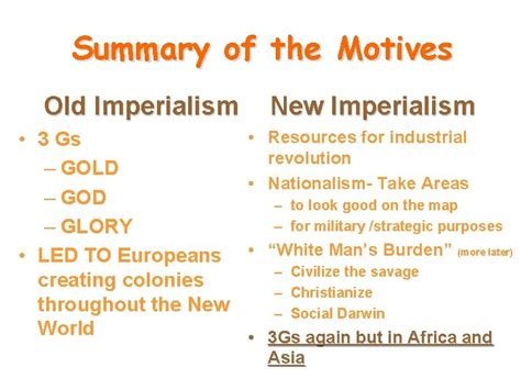 Summary of the Motives Old Imperialism New Imperialism