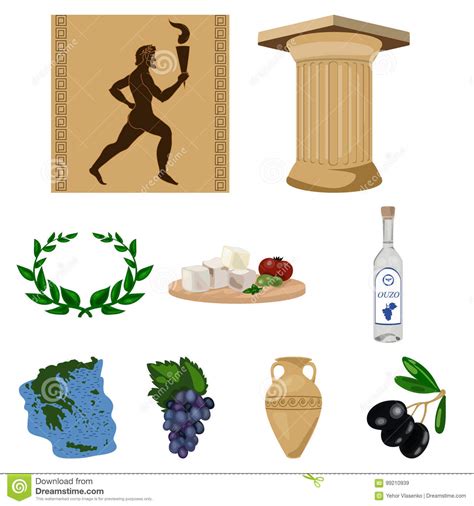 Greece Set Icons In Cartoon Style Big Collection Of Greece Vector