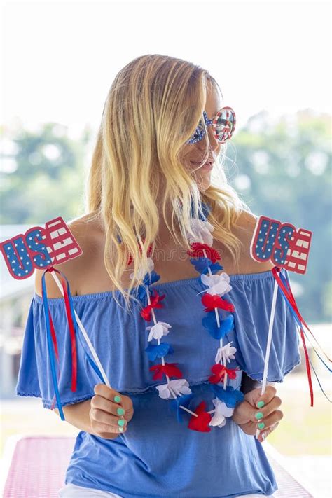 Gorgeous Patriotic Blonde Model Enjoying The Th Of July Festivities Stock Photo Image Of