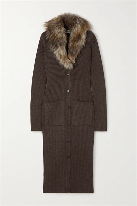 Saint Laurent Faux Fur Trimmed Ribbed Wool Midi Dress Brown Shopstyle