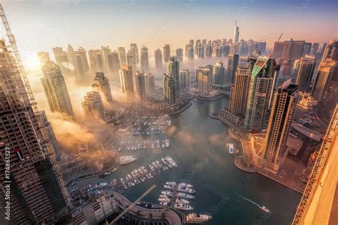 Dubai Marina With Colorful Sunset In Dubai United Arab Emirates Stock