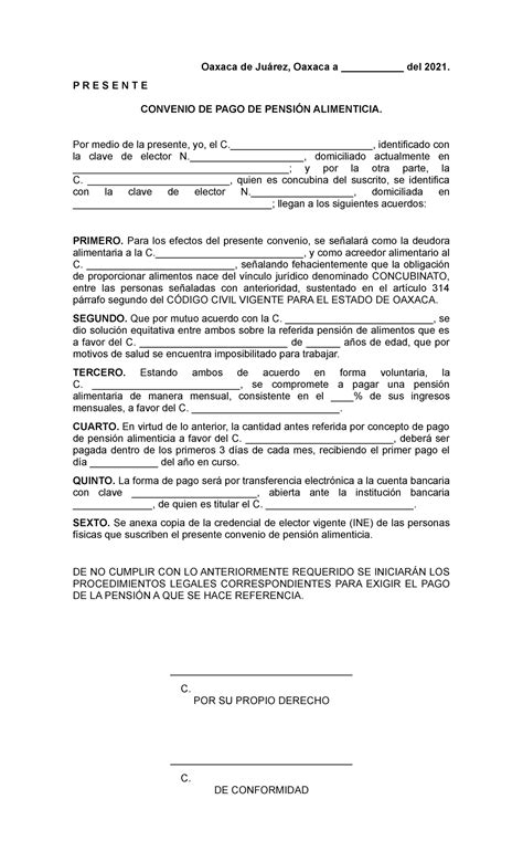 Convenio De Pensi N Alimenticia Oaxaca De Ju Rez Oaxaca A