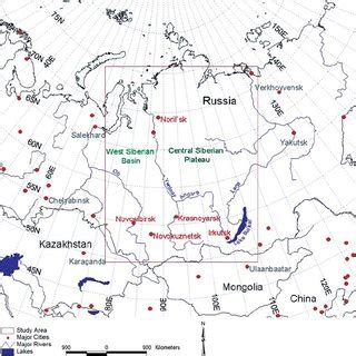 Map of central Siberia with the study area outlined in red. | Download ...