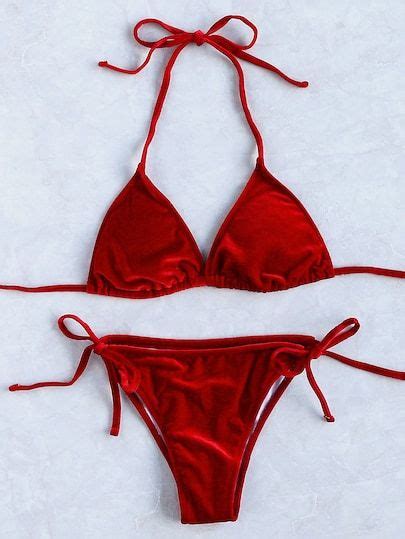 Shop Side Tie Velvet Triangle Bikini Set Online Shein Offers Side Tie