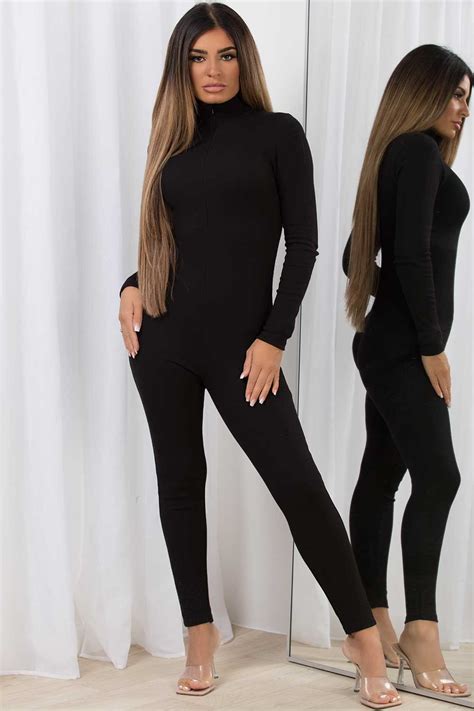 Womens Rib Zip Long Sleeve Jumpsuit Black Unitard Uk