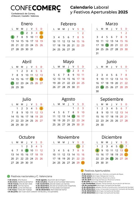 Calendario Laboral y festivos aperturables 2025 de la Comunitat