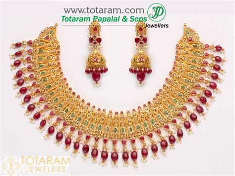 K Gold Uncut Diamond Necklace Drop Earrings Set With Rubies