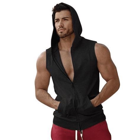 Mens Workout Hooded Tank Tops Zip Up Sleeveless Gym Shirts Muscle Cut