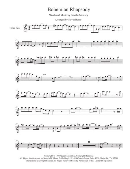 Bohemian Rhapsody By Queen Tenor Saxophone Digital Sheet Music