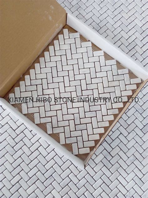 Bianco Carrara White Marble Tumbled Stone Mosaic In Herringbone Tiles