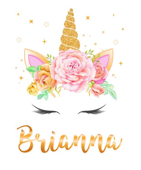 Brianna Name Unicorn Horn With Flower Wreath And Gold Glitter Unicorn