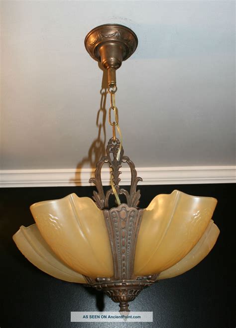 Antique Vintage 5 Light Slip Shade Art Deco Light Fixture Ceiling