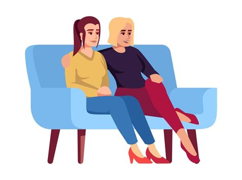 Two Women On Sofa Semi Flat RGB Color Vector Illustration Female