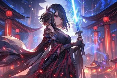 Premium Photo | Fantasy Illustration of a Anime girl in a kimono playing the katana sword AI ...