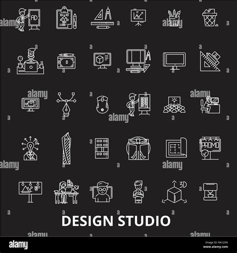 Design Studio Editable Line Icons Vector Set On Black Background