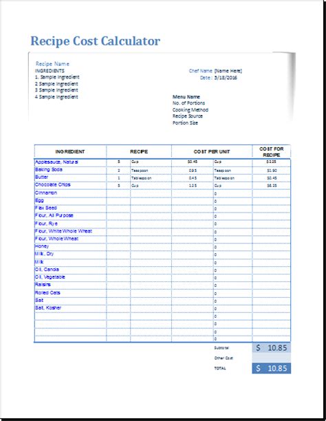 Recipe Cost Calculator Template For Excel Excel Templates