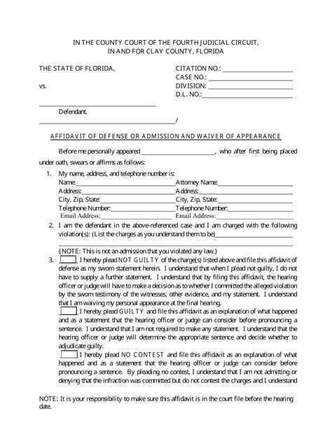 Clay County Florida Affidavit Of Defense Or Admission And Waiver Of