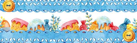 Easter Colored Eggs And Pussy Willow Twigs In A Wicker Basket Hand Watercolor Illustration